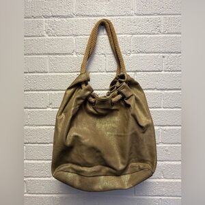 MICHAEL KORS Gold Canvas Drawstring Tote Bag Rope Handle MK Logo Large